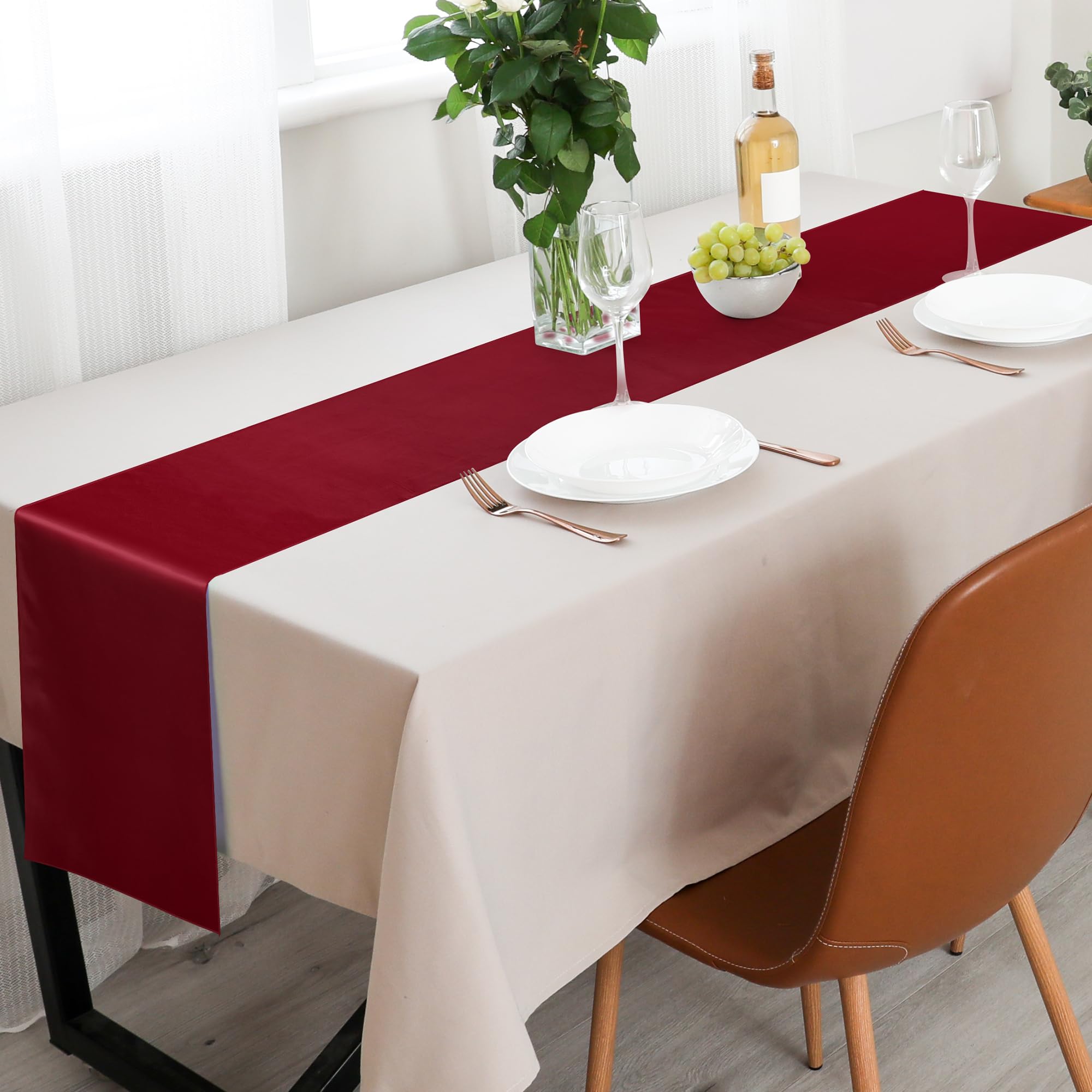 Aneco 12 Pack Satin Table Runner 12 X 108 Inch Burgundy Long Wedding Satin Silk Table Runner For Wedding Banquet Graduations Bir